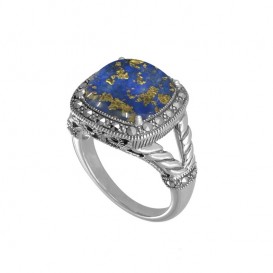 Bague en Argent 925 (Lapis lazuli - Cristal - Feuilles d'or et Marcassites)
